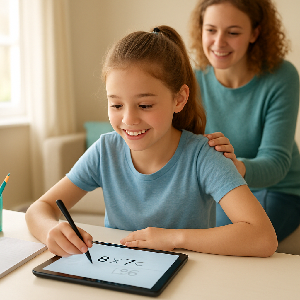 A child practising 11+ maths on a tablet at home with a parent nearby